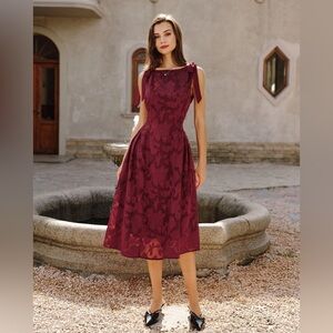 Red Jacquard Chiffon Midi Dress